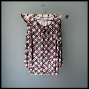 Lane Bryant Size 22/24 long sleeve Pink and Black Floral Check Blouse
